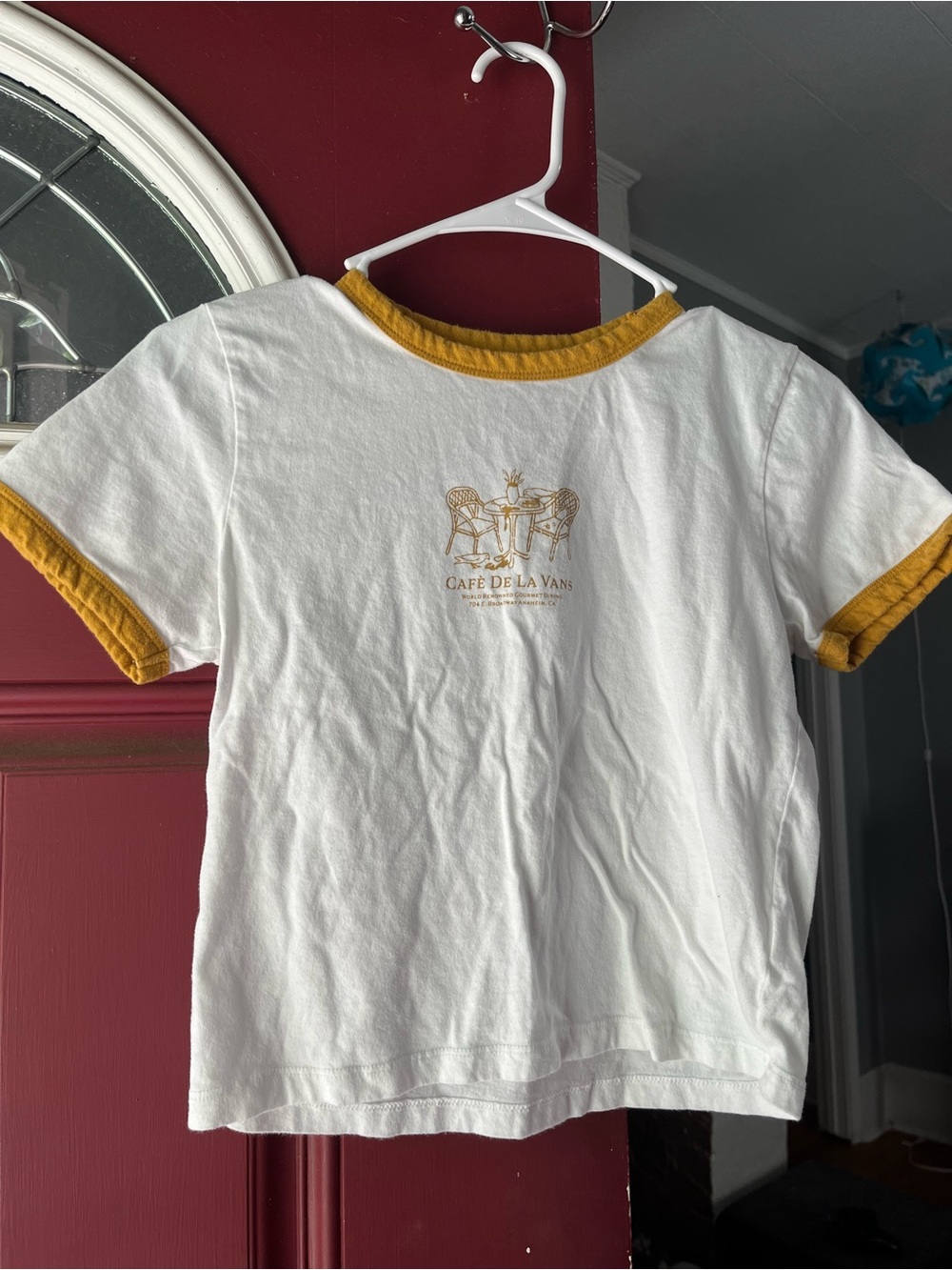 White & Mustard Ringer Vans Cropped Tee